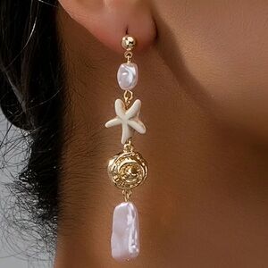 🌸Nautical Starfish Pearl Drop Dangle Earrings